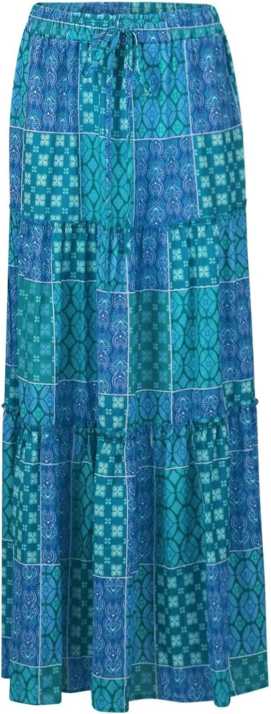 Boho Maxi Skirts for Women Casual High Waisted Tiered A Line Skirt Pleated Ruffle Hem Flowy Long Skirts with Pockets