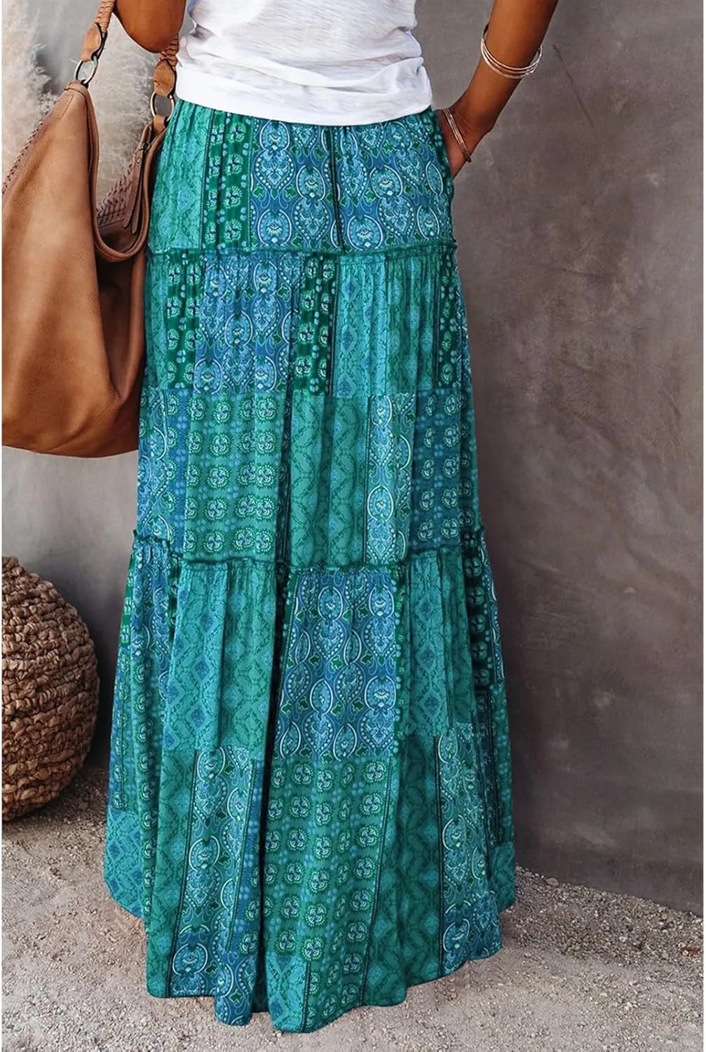 Boho Maxi Skirts for Women Casual High Waisted Tiered A Line Skirt Pleated Ruffle Hem Flowy Long Skirts with Pockets