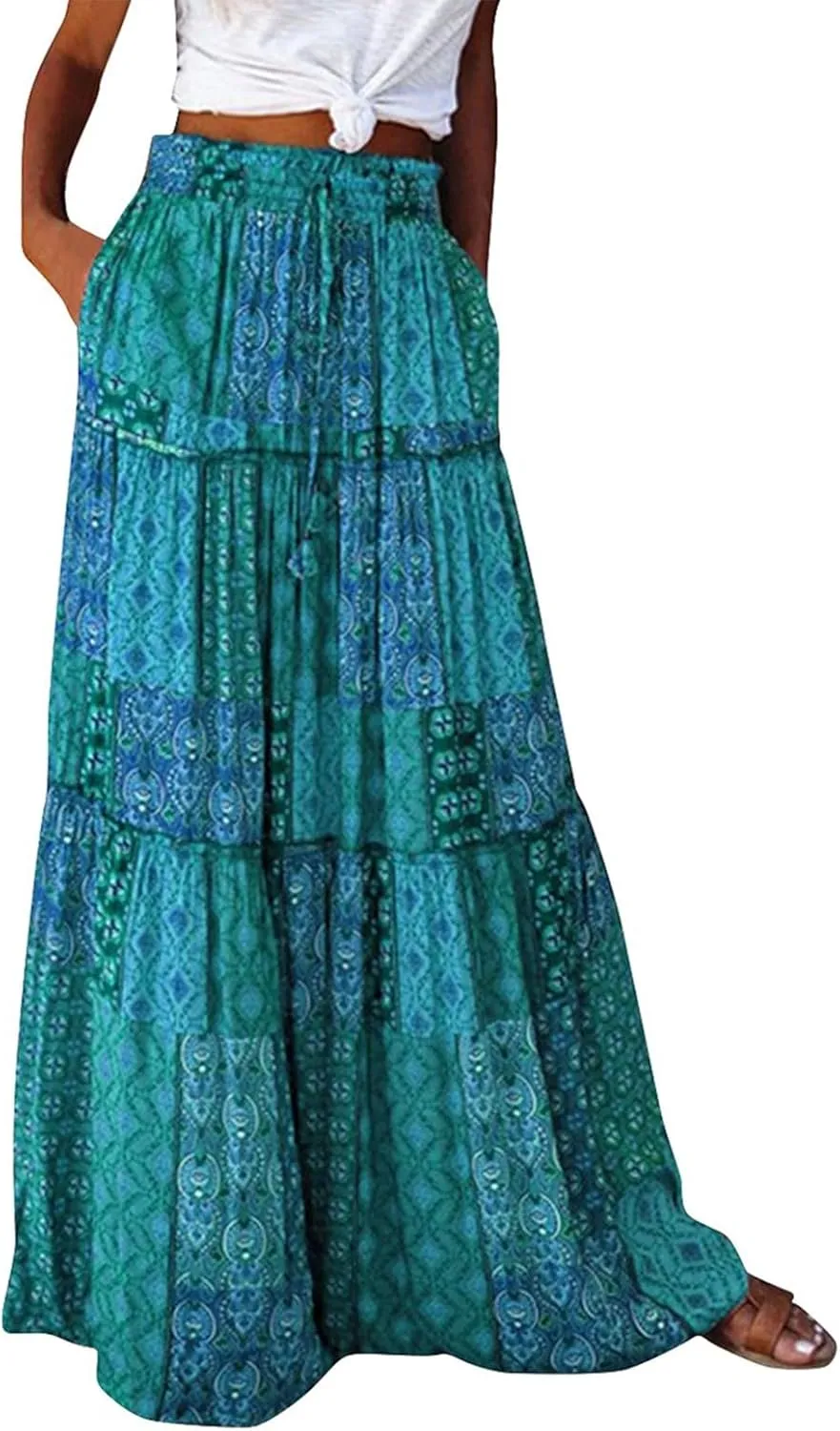 Boho Maxi Skirts for Women Casual High Waisted Tiered A Line Skirt Pleated Ruffle Hem Flowy Long Skirts with Pockets
