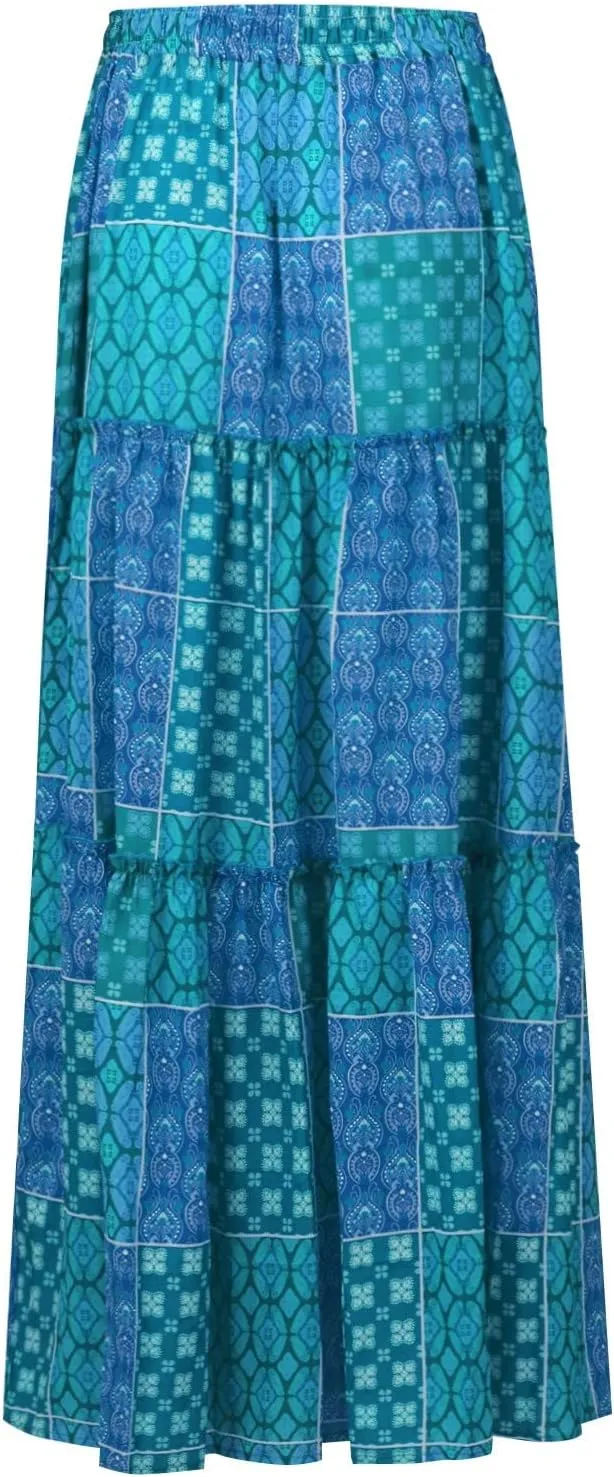 Boho Maxi Skirts for Women Casual High Waisted Tiered A Line Skirt Pleated Ruffle Hem Flowy Long Skirts with Pockets
