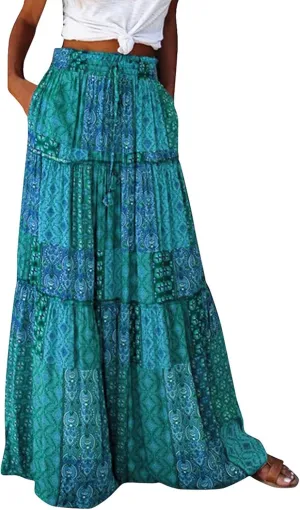 Boho Maxi Skirts for Women Casual High Waisted Tiered A Line Skirt Pleated Ruffle Hem Flowy Long Skirts with Pockets