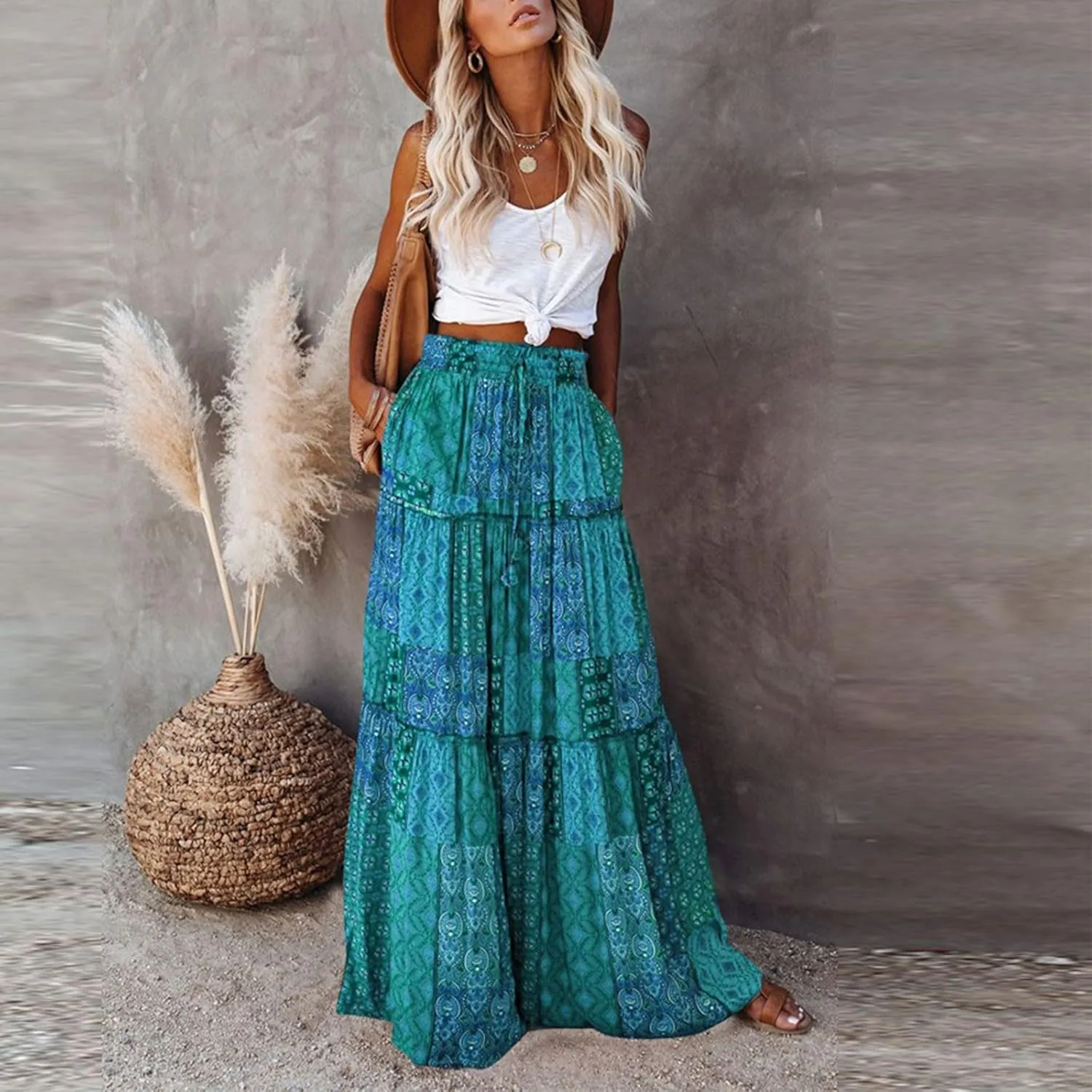 Boho Maxi Skirts for Women Casual High Waisted Tiered A Line Skirt Pleated Ruffle Hem Flowy Long Skirts with Pockets