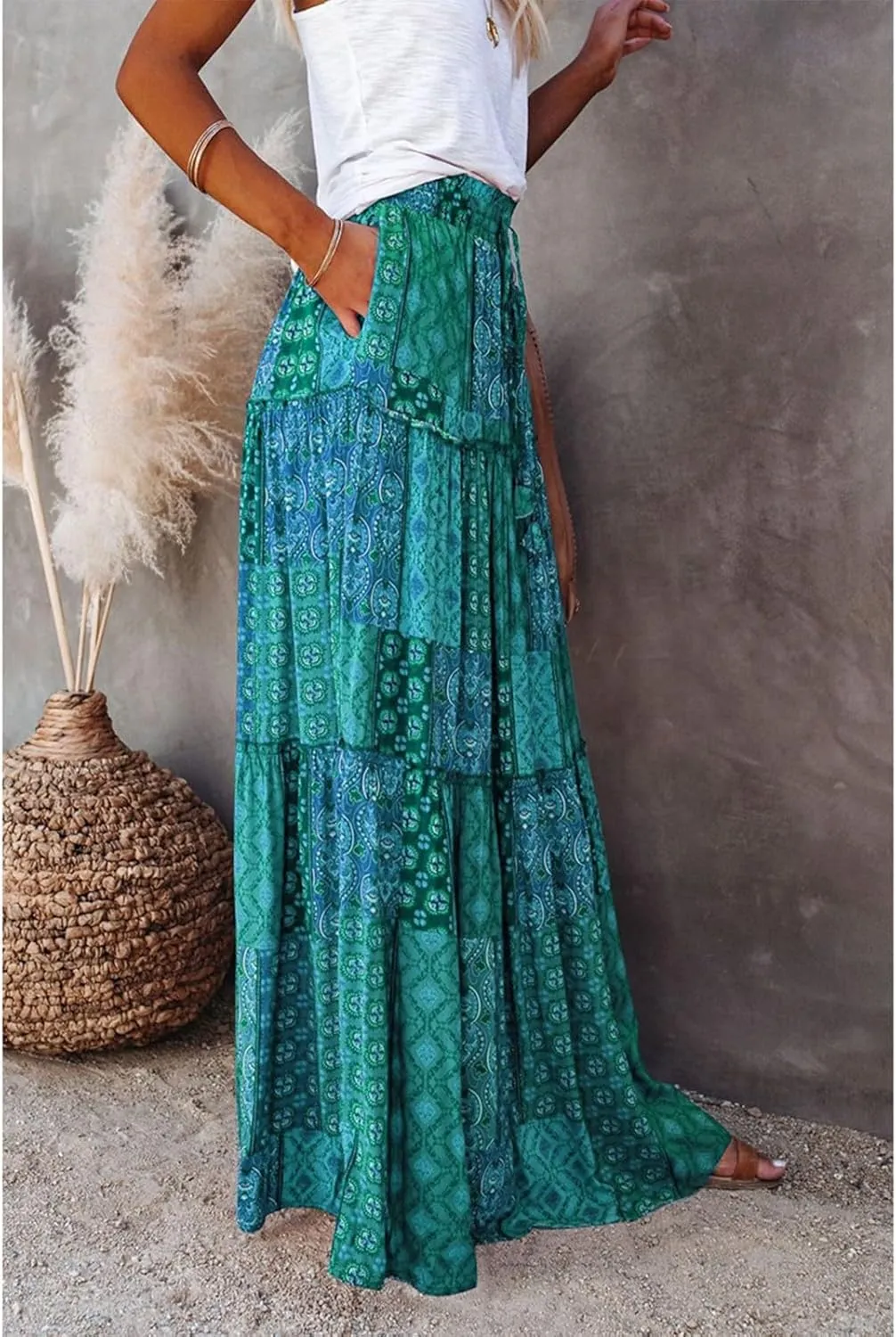 Boho Maxi Skirts for Women Casual High Waisted Tiered A Line Skirt Pleated Ruffle Hem Flowy Long Skirts with Pockets