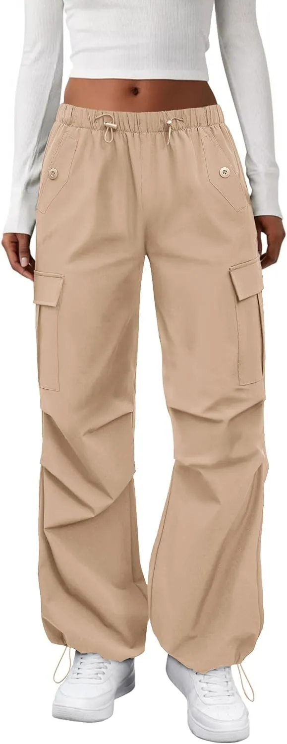 Cargo Pants Women Elastic Waisted Parachute Hiking Pants with Pockets Water-Resistant Lightweight Baggy Pants