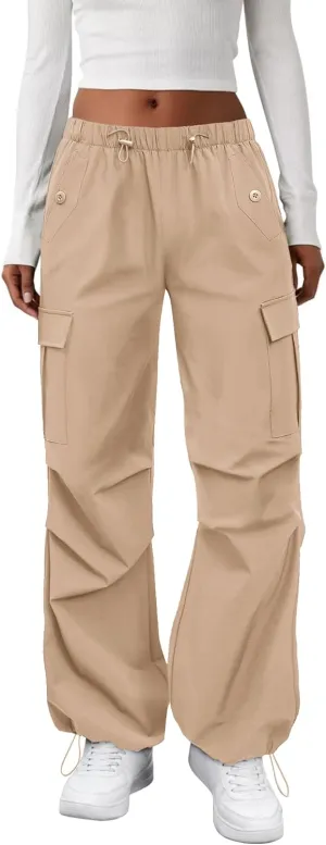 Cargo Pants Women Elastic Waisted Parachute Hiking Pants with Pockets Water-Resistant Lightweight Baggy Pants