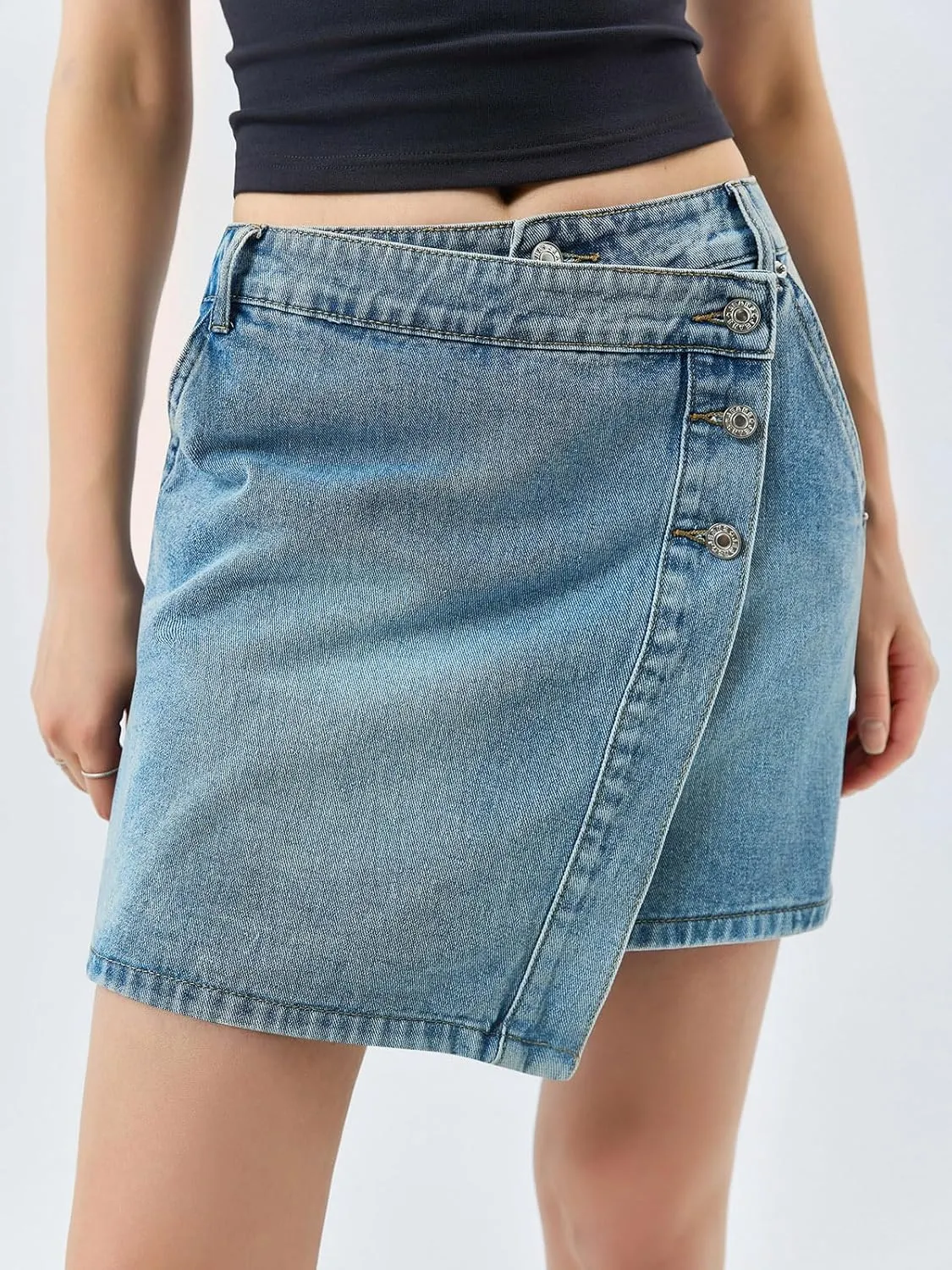 Cicy Bell Womens Denim Mini Skirt Casual Wrap Button Asymmetrical Hem Summer Jean Skirts