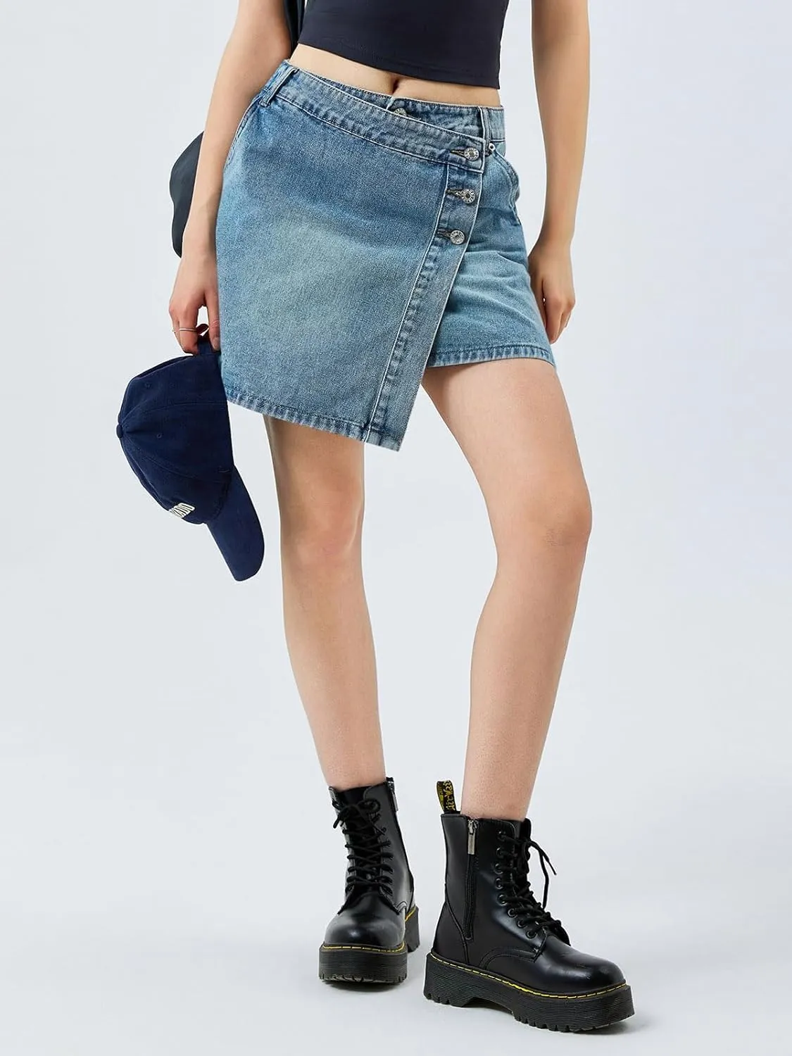 Cicy Bell Womens Denim Mini Skirt Casual Wrap Button Asymmetrical Hem Summer Jean Skirts