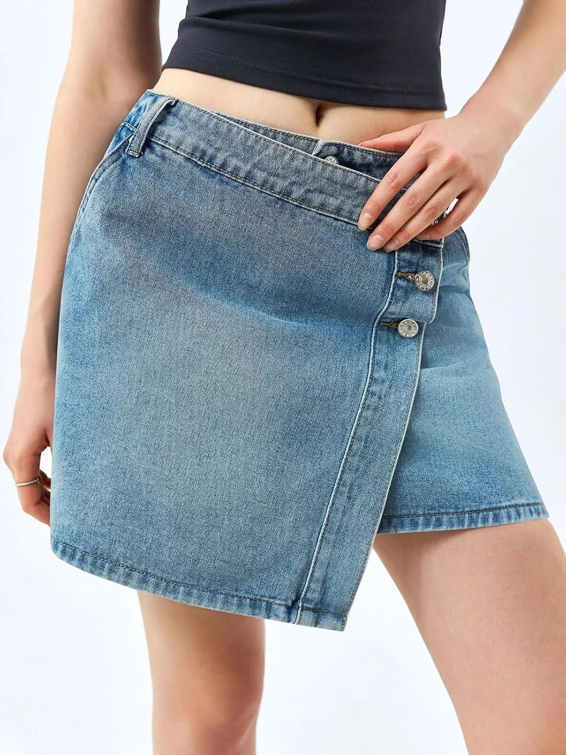 Cicy Bell Womens Denim Mini Skirt Casual Wrap Button Asymmetrical Hem Summer Jean Skirts