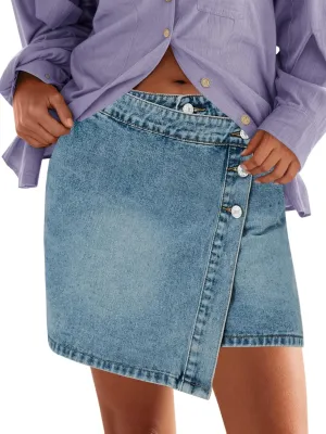 Cicy Bell Womens Denim Mini Skirt Casual Wrap Button Asymmetrical Hem Summer Jean Skirts