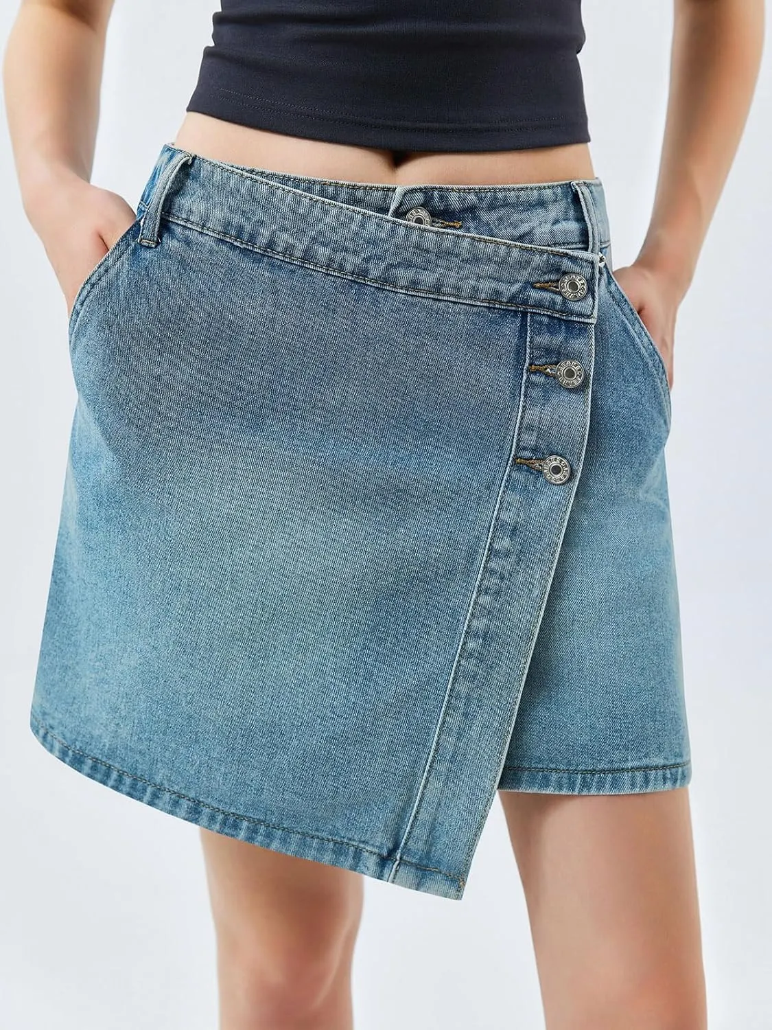 Cicy Bell Womens Denim Mini Skirt Casual Wrap Button Asymmetrical Hem Summer Jean Skirts