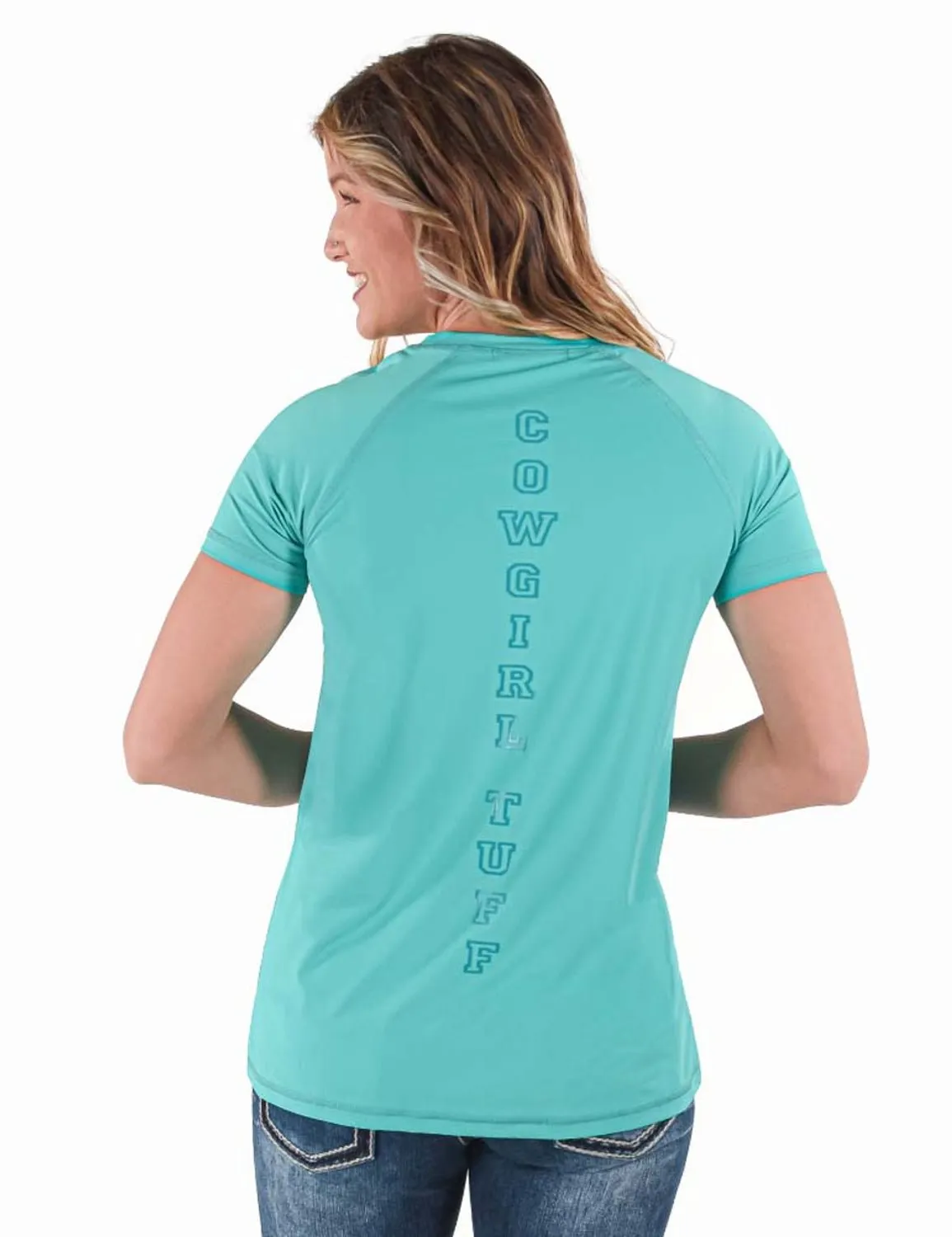Cowgirl Tuff Womens Cooling UPF Raglan Baseball Turquoise Nylon S/S T-Shirt