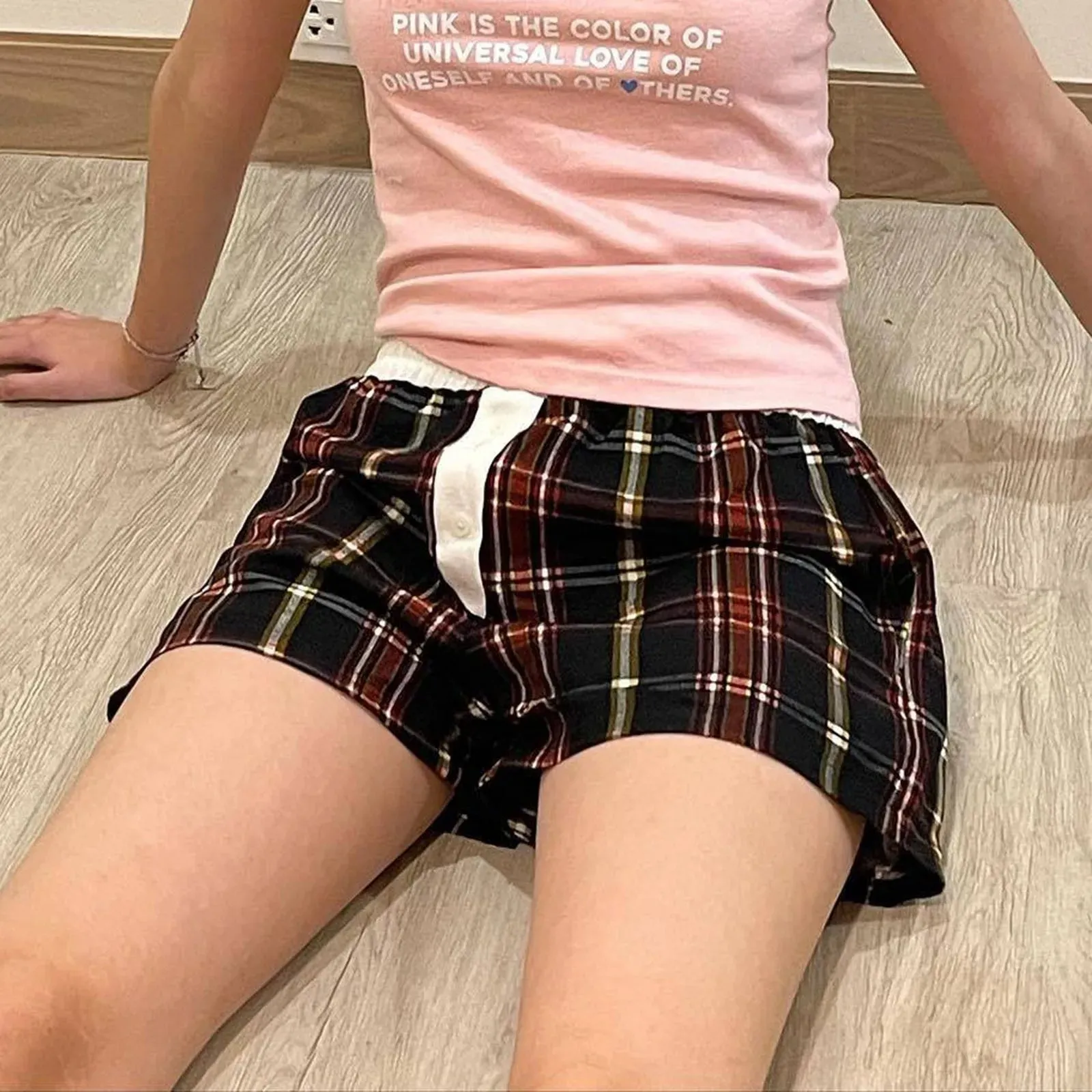 Cute Plaid for Women Fashion Elastic High Waist Pleated Summer Casual Loose Pajama Chic Short