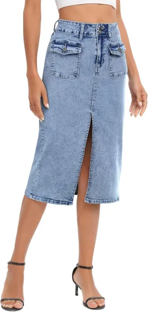 Denim Midi Skirt Women Blue Long Jean Skirts Stretch High Waisted Slit Front A Line Cargo Skirt with Pockets