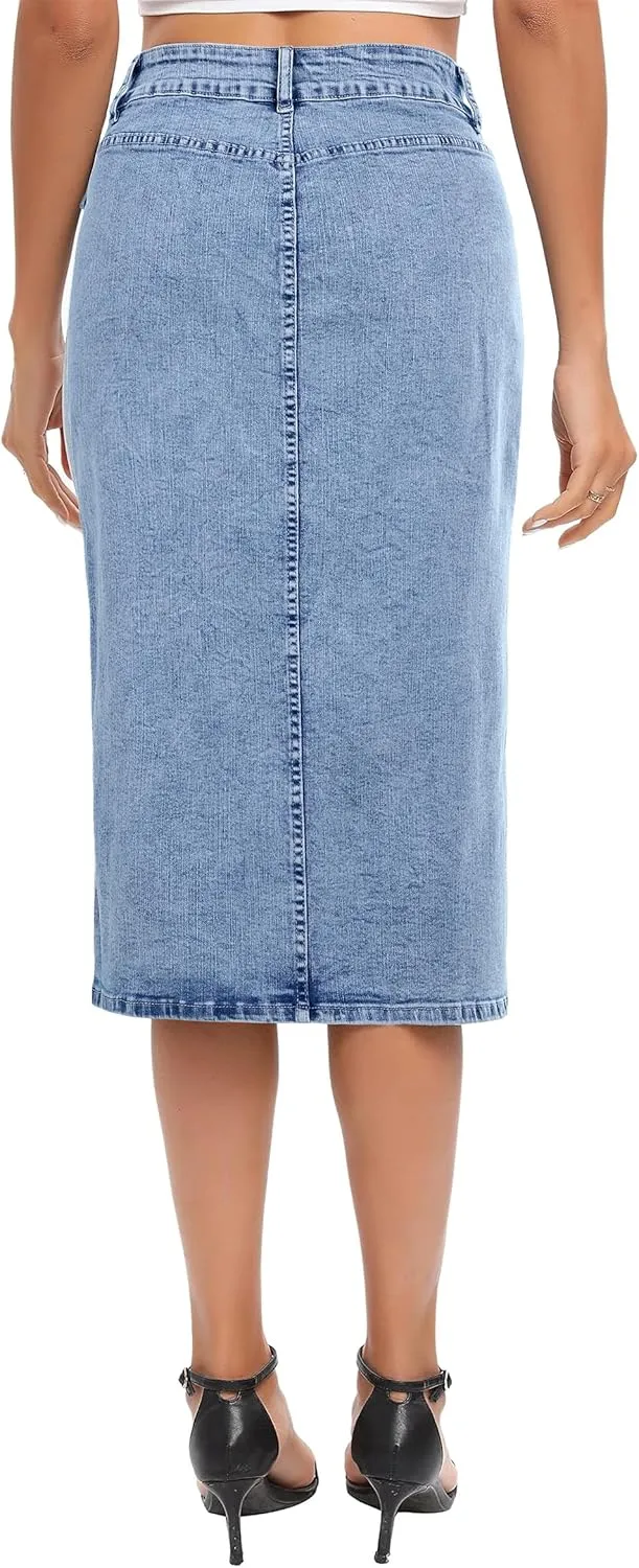 Denim Midi Skirt Women Blue Long Jean Skirts Stretch High Waisted Slit Front A Line Cargo Skirt with Pockets
