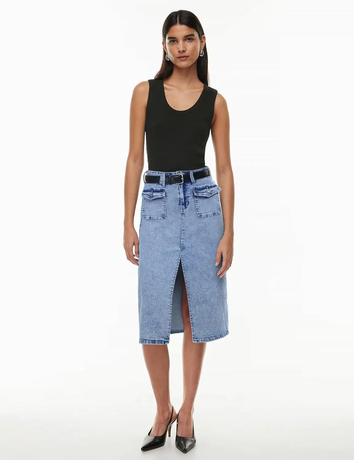 Denim Midi Skirt Women Blue Long Jean Skirts Stretch High Waisted Slit Front A Line Cargo Skirt with Pockets