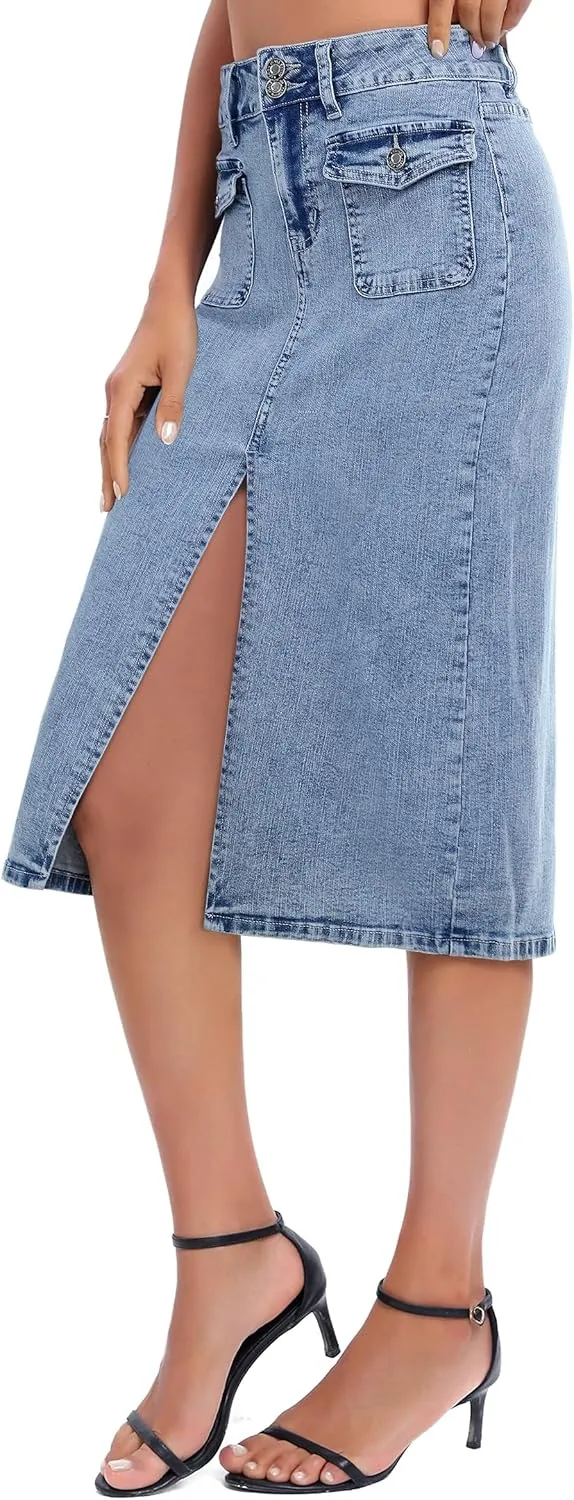 Denim Midi Skirt Women Blue Long Jean Skirts Stretch High Waisted Slit Front A Line Cargo Skirt with Pockets
