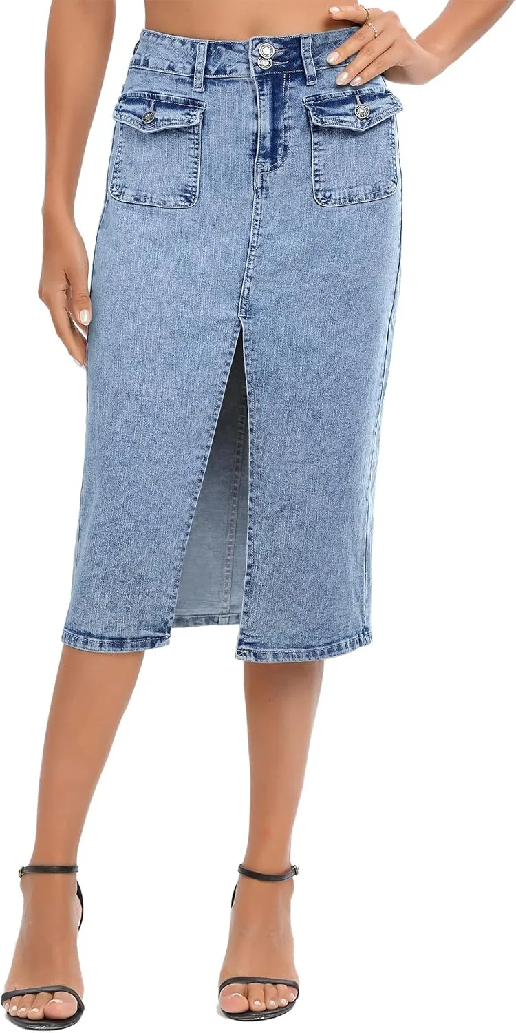 Denim Midi Skirt Women Blue Long Jean Skirts Stretch High Waisted Slit Front A Line Cargo Skirt with Pockets