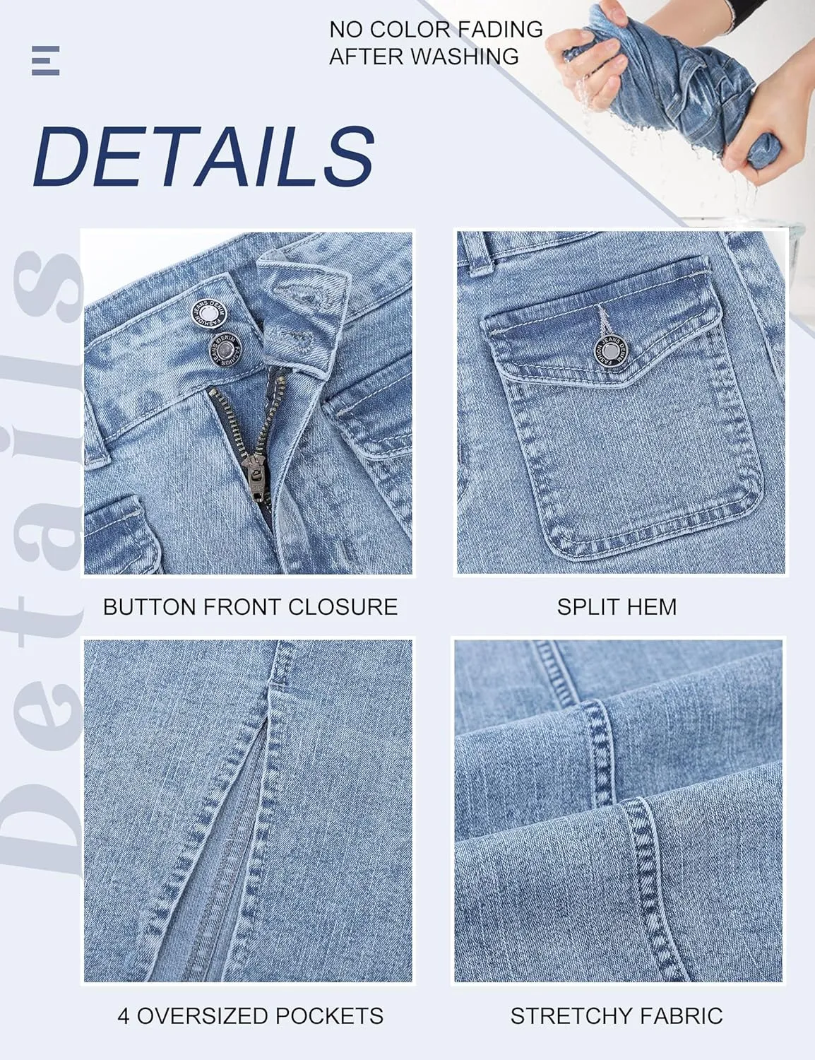 Denim Midi Skirt Women Blue Long Jean Skirts Stretch High Waisted Slit Front A Line Cargo Skirt with Pockets