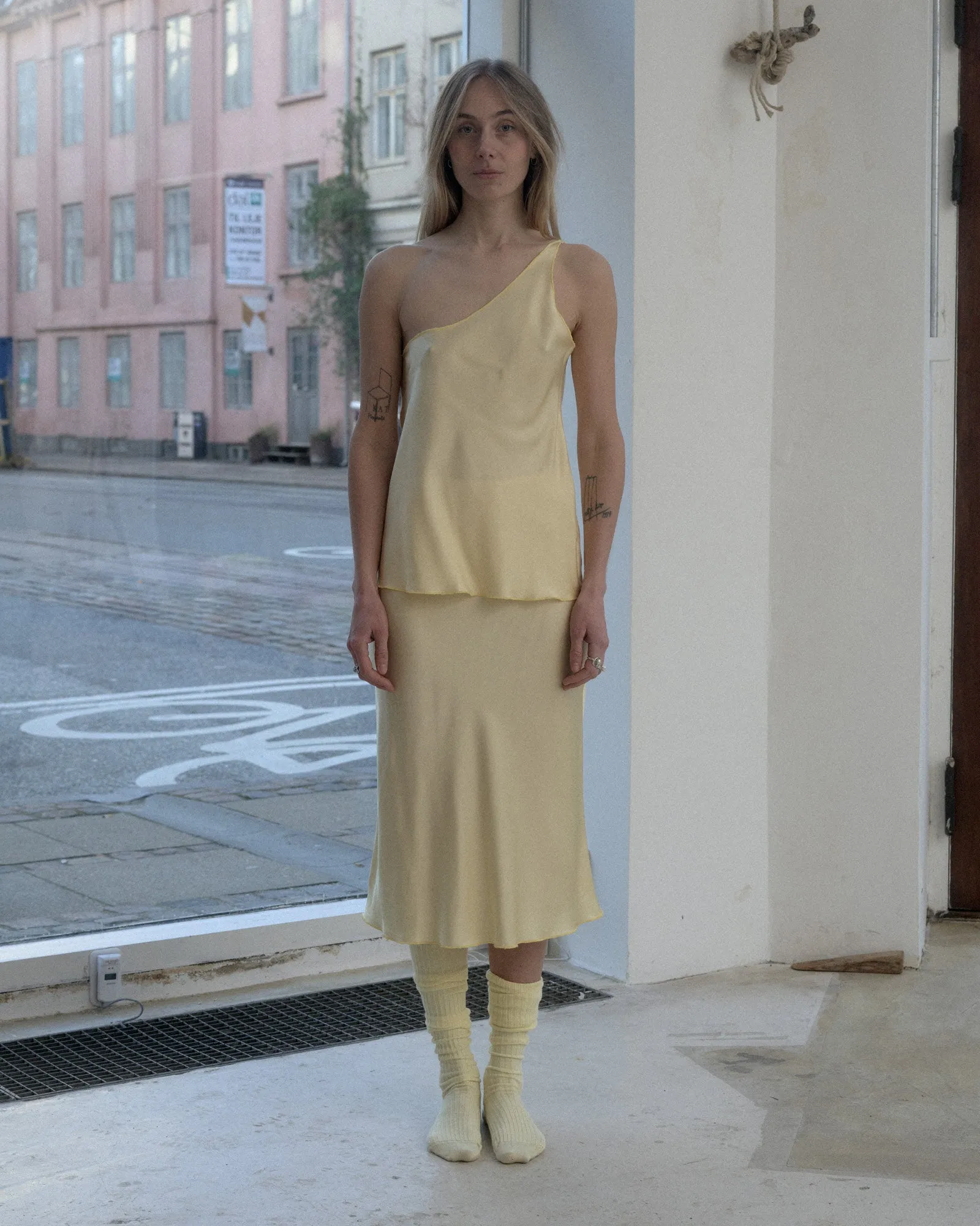 Sophia Yellow Dydine Mid-Length Satin Skirt - EcoVero Sustainable Fabric