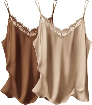 Ekouaer Women's 2 PCS Cami Top Satin Tank Top Adjustable Spaghetti Strap Camisole