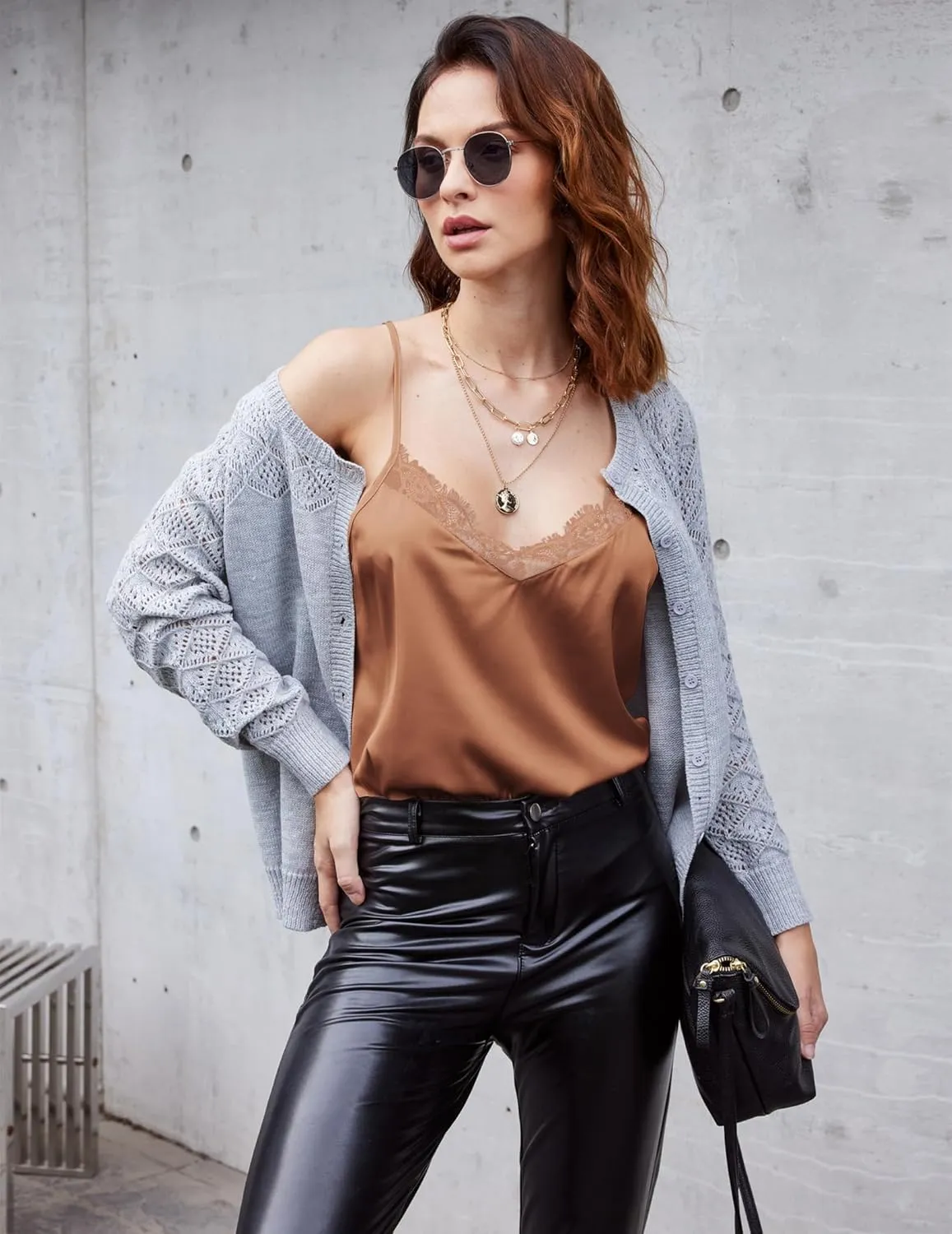 Ekouaer Women's 2 PCS Cami Top Satin Tank Top Adjustable Spaghetti Strap Camisole