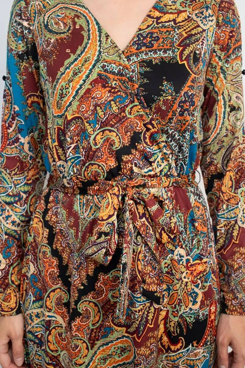 Emma & Michele V-Neck Long Sleeve Elastic Waist Tie Waist Paisley Print ITY Dress