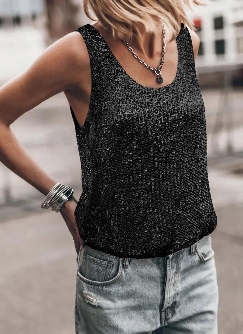 EUDOLAH Womens Sequin Sparkle Tank Tops Casual Scoop Neck Sleeveless Streetwear Club Party Glitter Base Tank Top