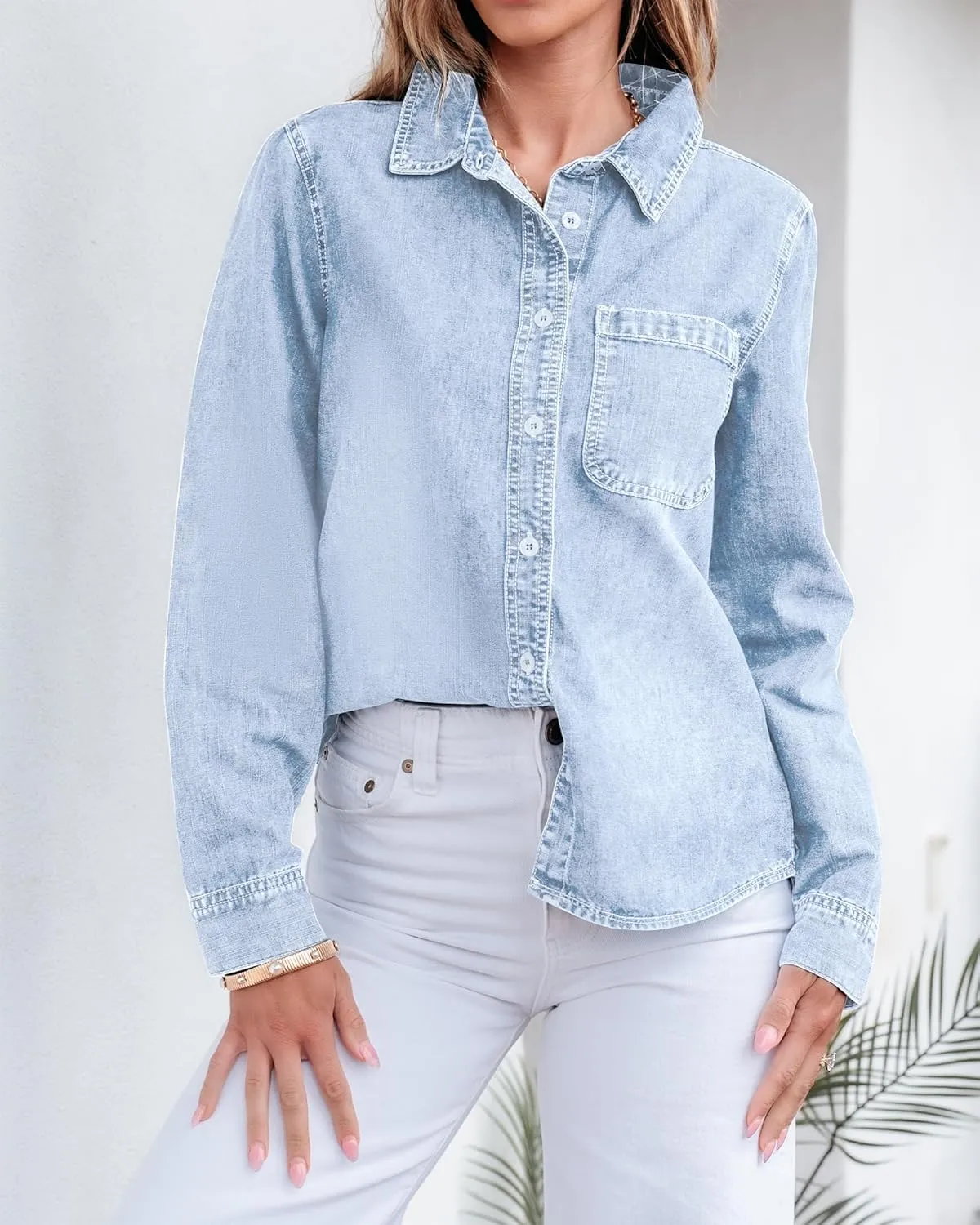 GRAPENT Denim Button Down Shirts for Women Long Sleeve Lightweight Western Relaxed Single Pocket Jean Shirt Shacket Top