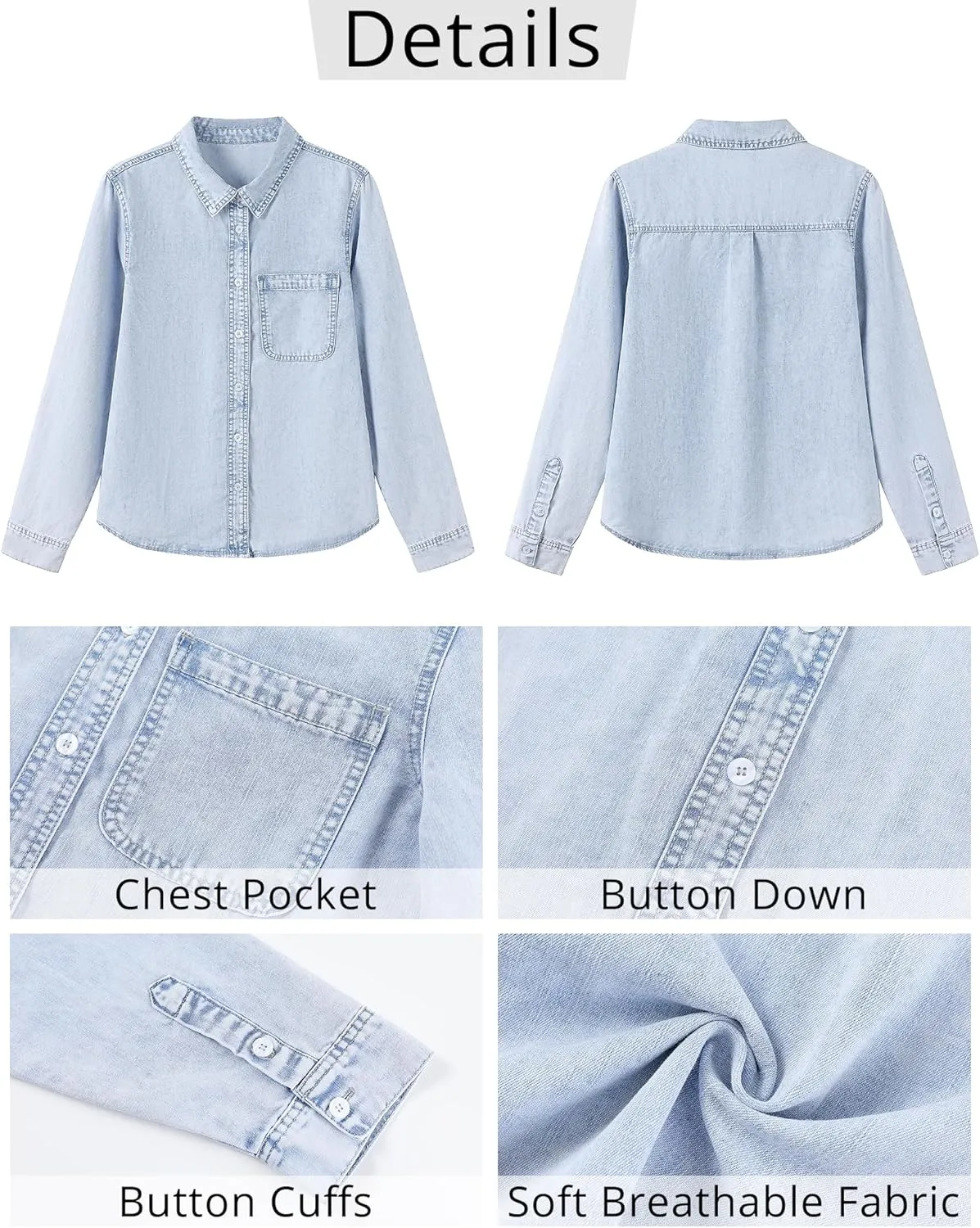 GRAPENT Denim Button Down Shirts for Women Long Sleeve Lightweight Western Relaxed Single Pocket Jean Shirt Shacket Top