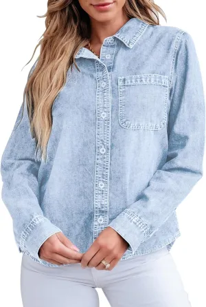 GRAPENT Denim Button Down Shirts for Women Long Sleeve Lightweight Western Relaxed Single Pocket Jean Shirt Shacket Top