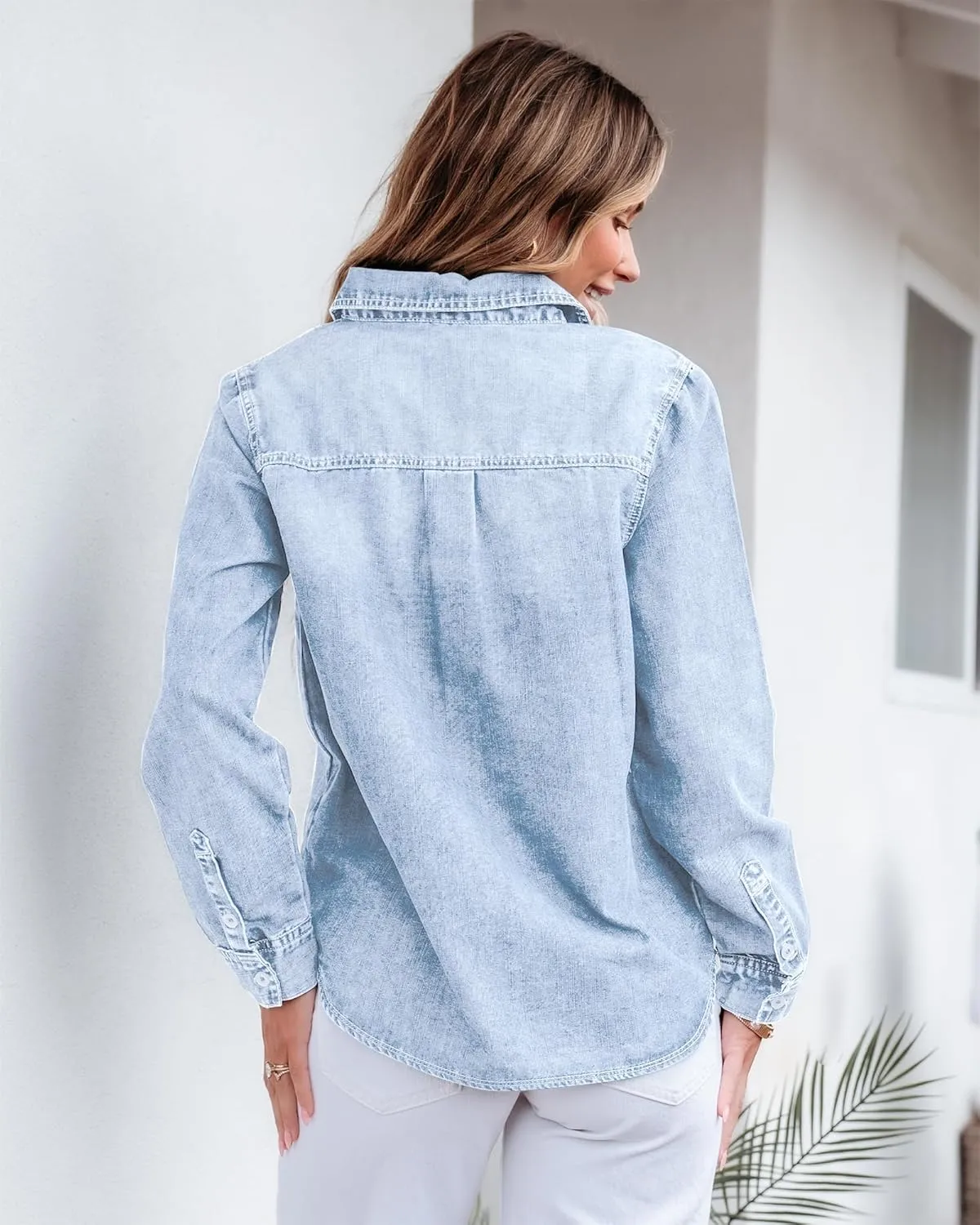 GRAPENT Denim Button Down Shirts for Women Long Sleeve Lightweight Western Relaxed Single Pocket Jean Shirt Shacket Top