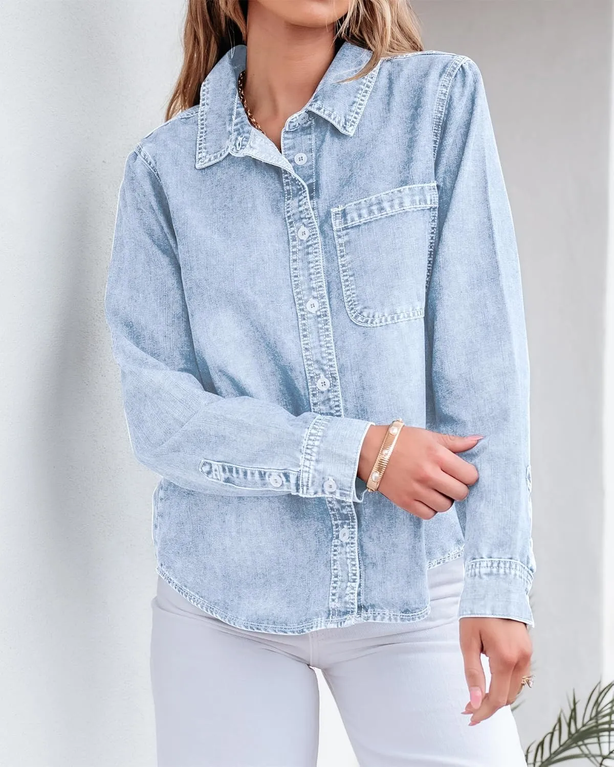 GRAPENT Denim Button Down Shirts for Women Long Sleeve Lightweight Western Relaxed Single Pocket Jean Shirt Shacket Top