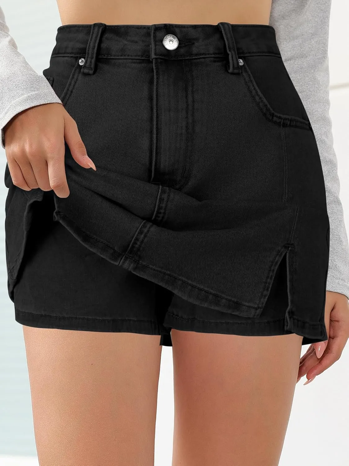 HDLTE Denim Skirts for Women - High Waisted Jean Skorts with Slit Cute Skort Shorts Casual