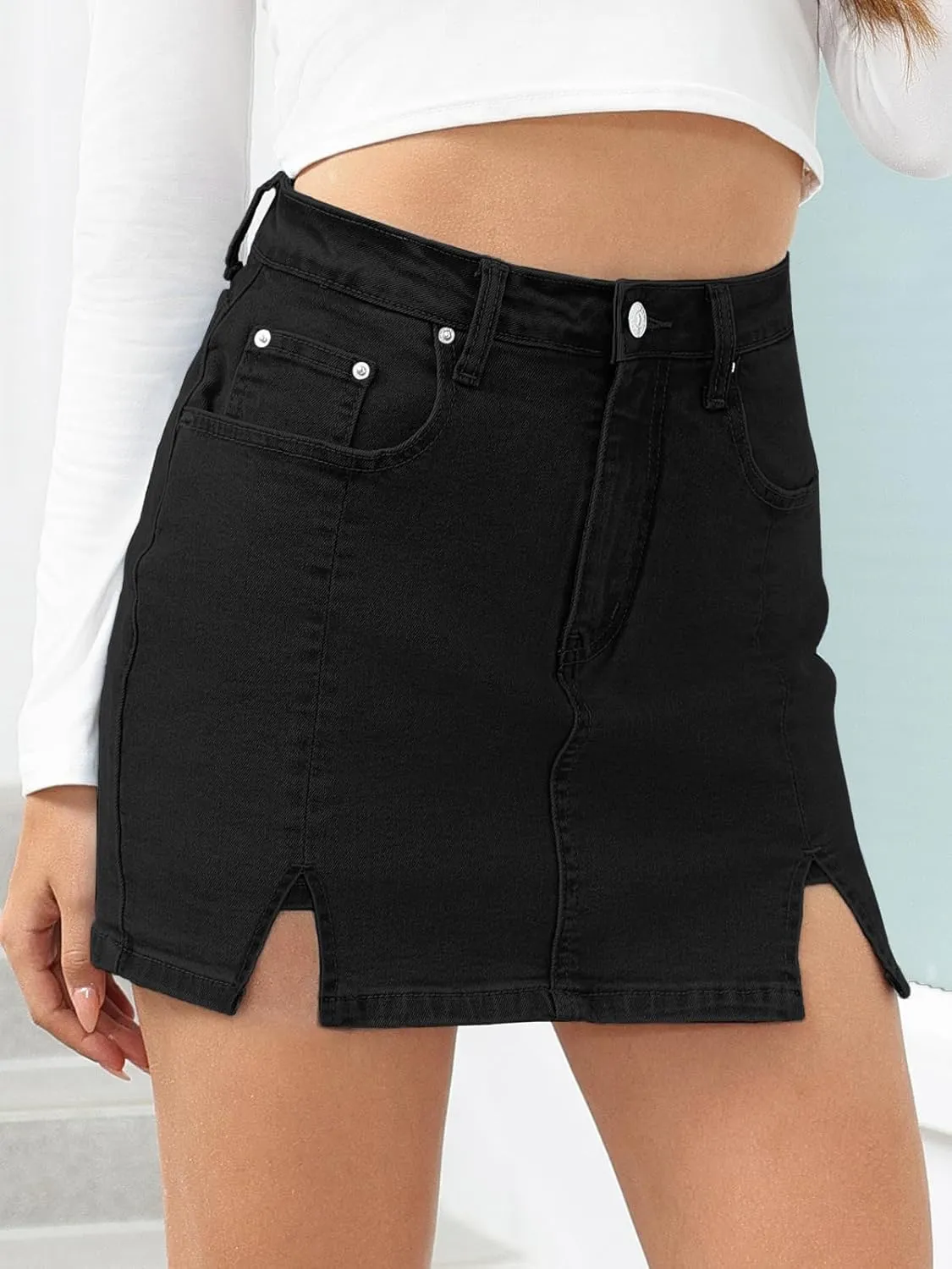 HDLTE Denim Skirts for Women - High Waisted Jean Skorts with Slit Cute Skort Shorts Casual
