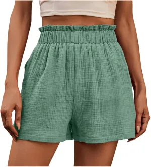 High Waisted Slacks Shorts for Women Elastic Waist with Pockets Casual Beach Vacation Shorts Loose Fitting