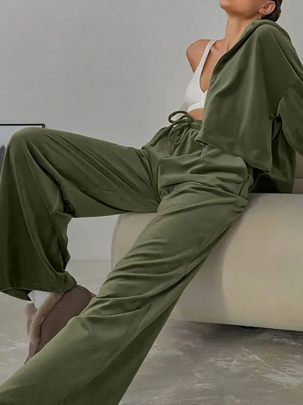 Hooded Long Sleeves Solid Color Velvet Zipper Sweatshirt Top   Drawstring Elasticity Pockets Pants Bottom Two Pieces Set