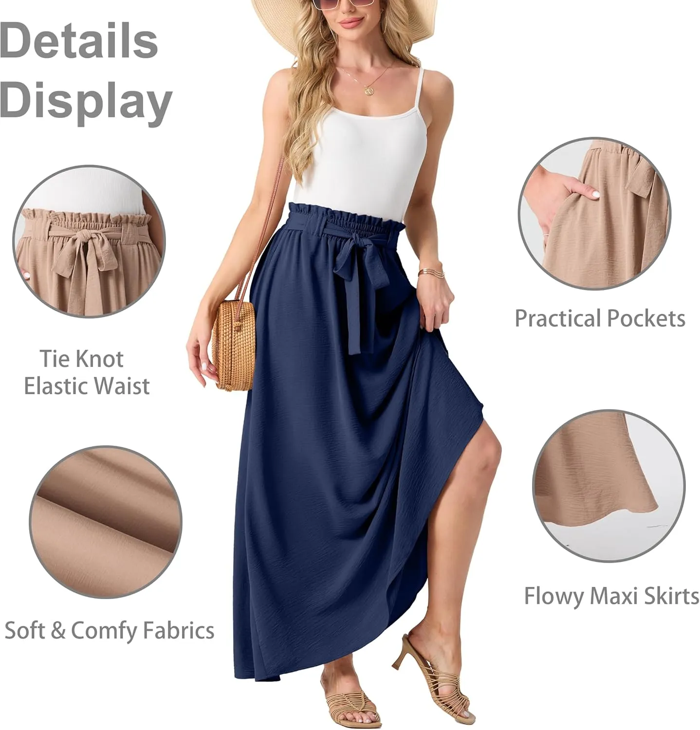 Lepunuo Womens Maxi Skirts Casual Boho Elastic High Waisted Flowy Long Skirts Trendy Floral Cute Skirts with Pockets