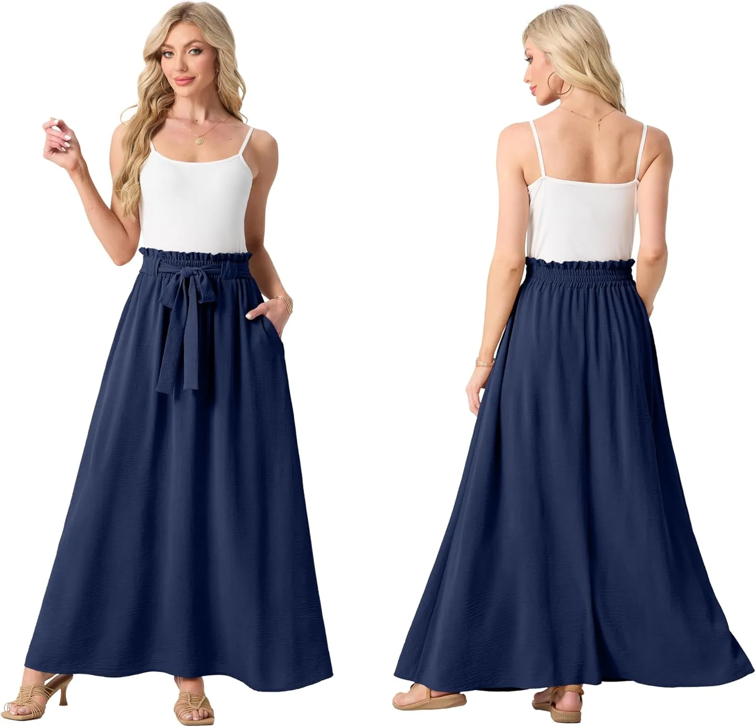 Lepunuo Womens Maxi Skirts Casual Boho Elastic High Waisted Flowy Long Skirts Trendy Floral Cute Skirts with Pockets