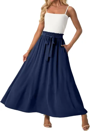 Lepunuo Womens Maxi Skirts Casual Boho Elastic High Waisted Flowy Long Skirts Trendy Floral Cute Skirts with Pockets