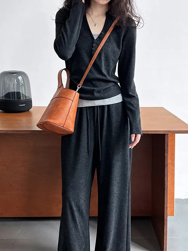 Long Sleeves Buttoned Hooded  T-Shirts Top   Vest Top   Wide Leg Drawstring Elasticity Pants Bottom Three Pieces Set