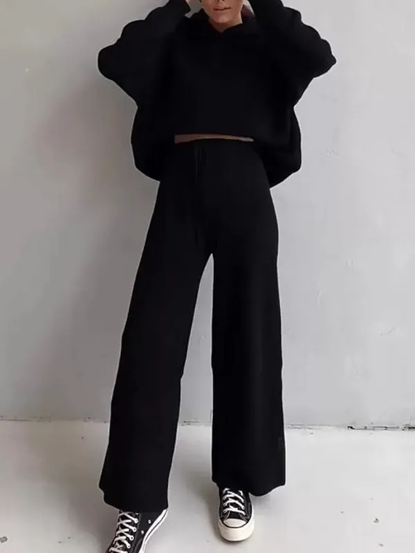 Loose Solid Color Round-Neck Hooded Long Sleeves Sweater Top   Drawstring Pants Bottom Two Pieces Set
