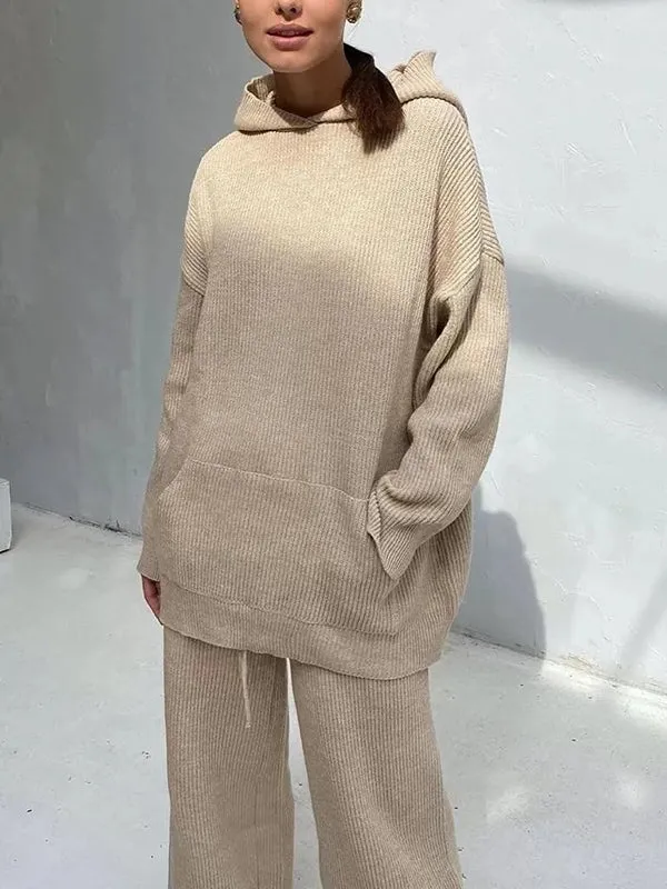 Loose Solid Color Round-Neck Hooded Long Sleeves Sweater Top   Drawstring Pants Bottom Two Pieces Set