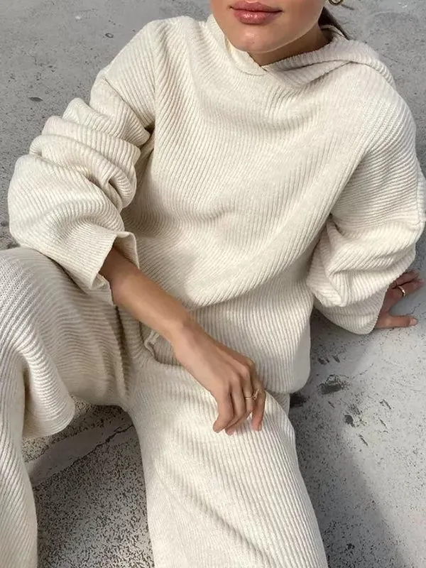 Loose Solid Color Round-Neck Hooded Long Sleeves Sweater Top   Drawstring Pants Bottom Two Pieces Set