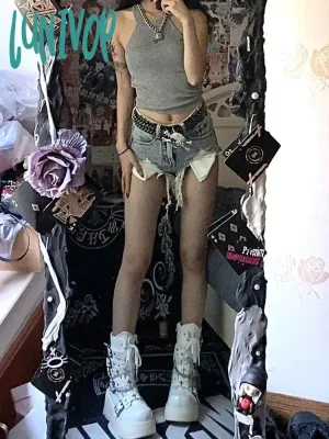 Lunivop 2000s Y2k Woman Baddie Style Shorts Vintage Jean Fashion Ripped Denim Shorts Sexy Hot Pants Gyaru Coquette Goblin Core