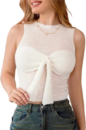 MakeMeChic Women's Bow Front Knit Tank Top Crewneck Sleeveless Sweater Vest