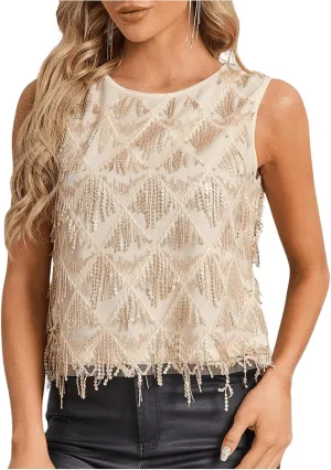 MakeMeChic Women's Glitter Sequin Fringe Tank Top Crew Neck Sleeveless Shirt