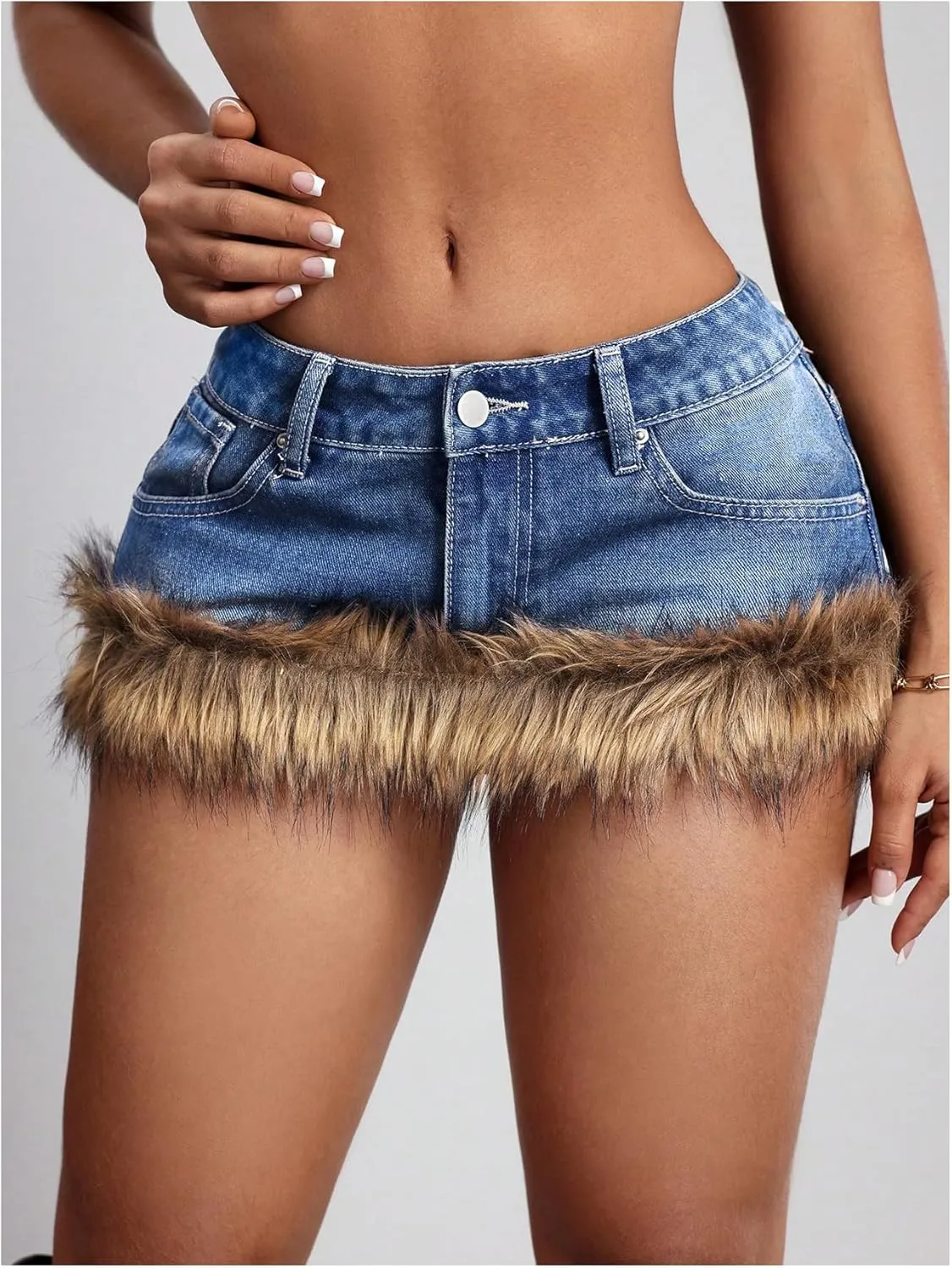 MakeMeChic Women's Y2K Summer Mini Jean Skirt Fuzzy Short Bodycon Denim Skirts with Pocket