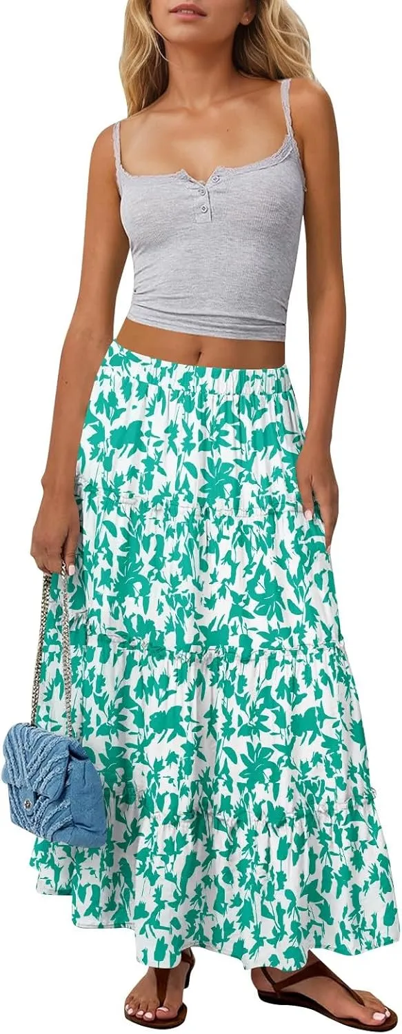 Maxi Tiered Skirts for Women 2025 Boho Floral High Elastic Waist Long Flowy Skirt A-Line Ruffle Hem Beach Cover Ups