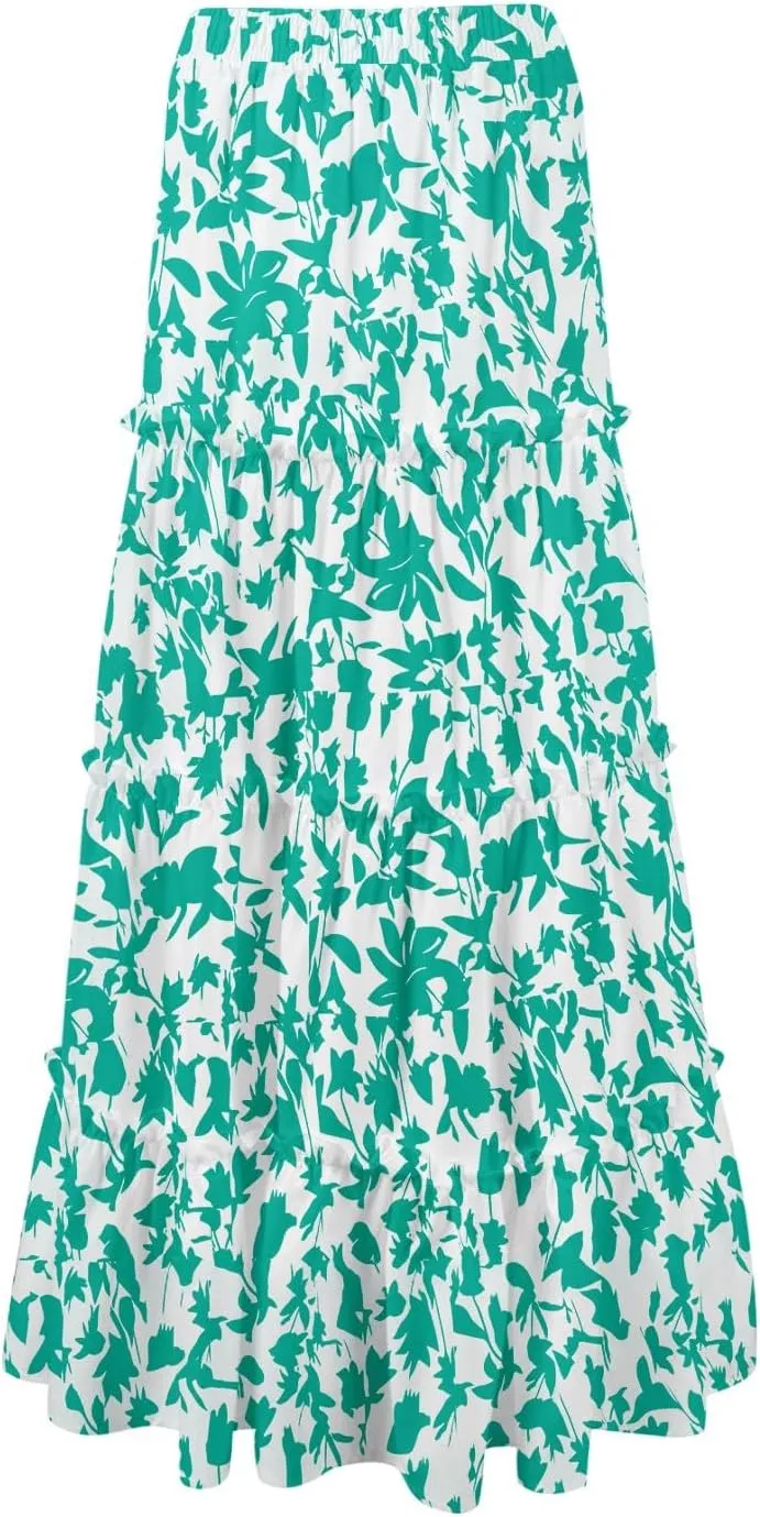 Maxi Tiered Skirts for Women 2025 Boho Floral High Elastic Waist Long Flowy Skirt A-Line Ruffle Hem Beach Cover Ups