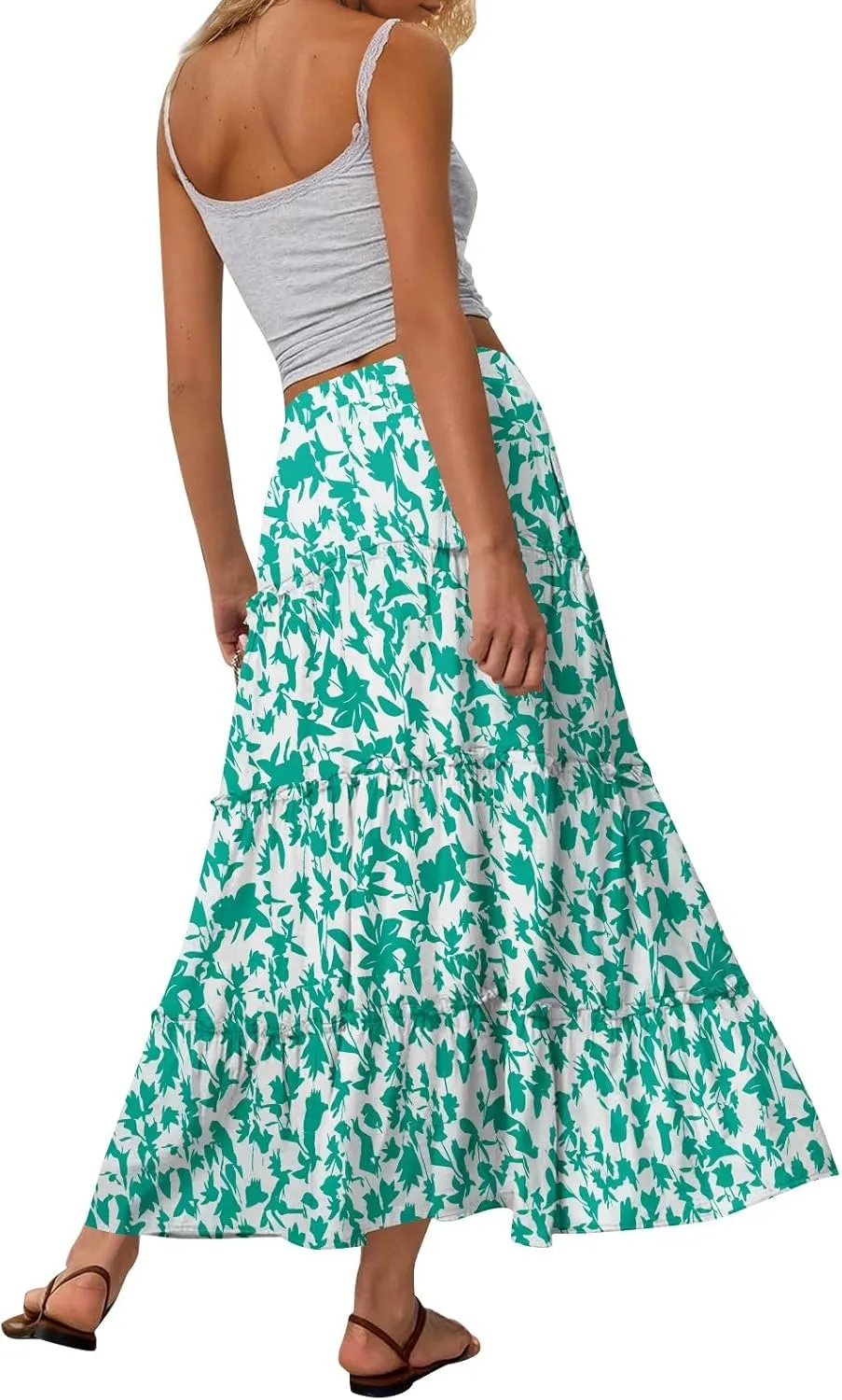 Maxi Tiered Skirts for Women 2025 Boho Floral High Elastic Waist Long Flowy Skirt A-Line Ruffle Hem Beach Cover Ups
